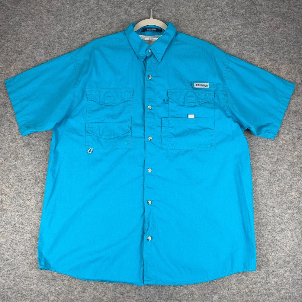 Columbia PFG Bonehead Fishing Shirt Button Up Blue Cotton Vented Mens Large L